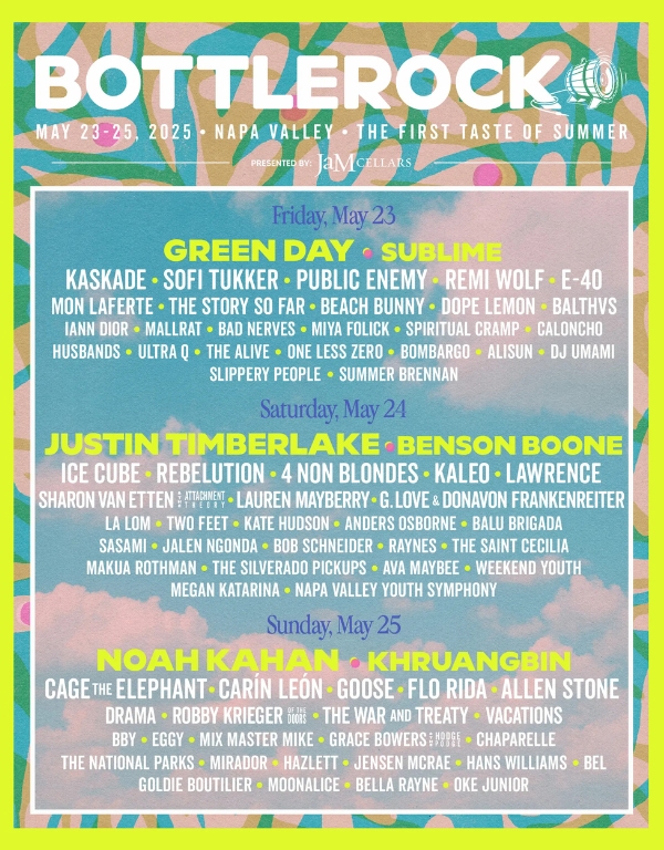 flyer featuring the lineup for all bottlerock 2025 artists